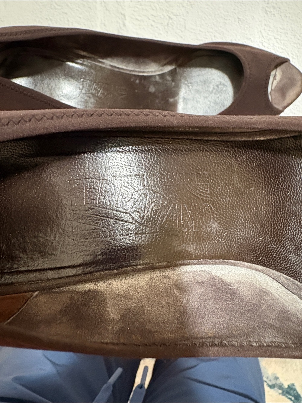Salvatore Ferragamo Peep-Toe Brown Matte Silk Wedge Heels 10 - Picture 8 of 8